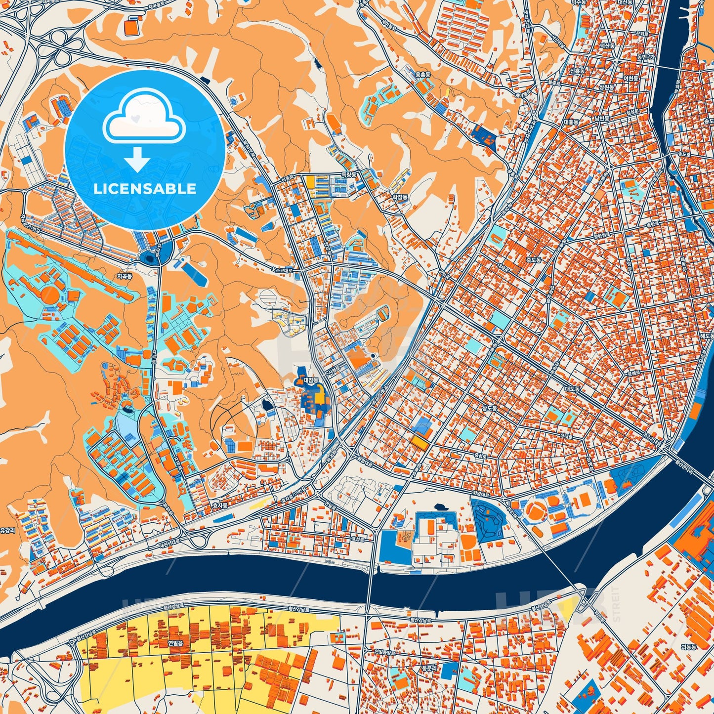 Colorful Pohang Street Map with Labels and Buildings