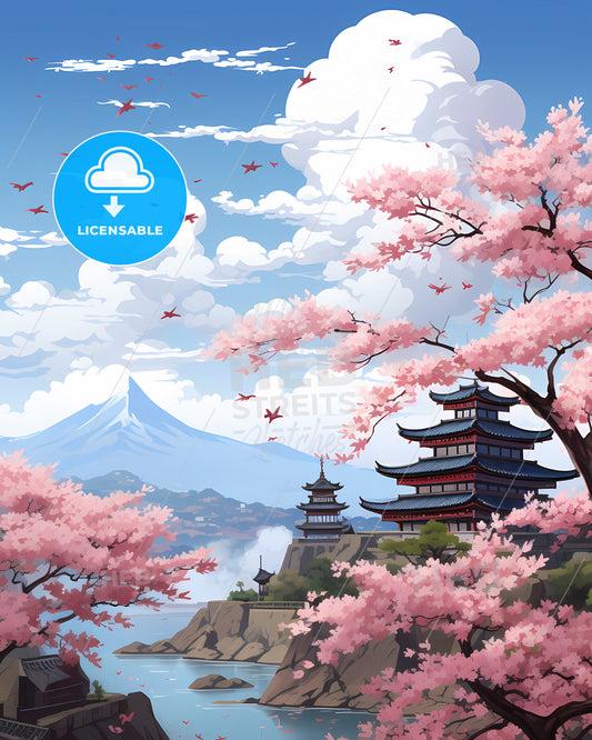 Tranquil Pagoda Landscape with Cherry Blossoms, Pohang Skyline Artwork with Vibrant Colors and Artistic Flair
