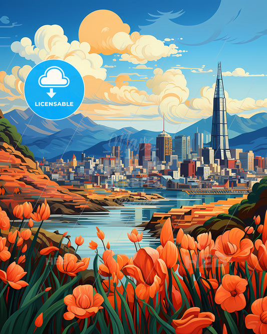 Vibrant Painted Cityscape of Pohang South Korea Skyline with Orange Flowers