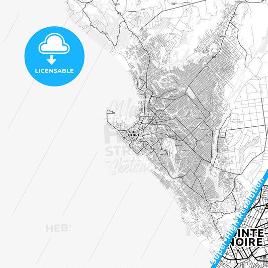 Pointe-Noire, Republic Of The Congo light map with streetnames, citynames and districts