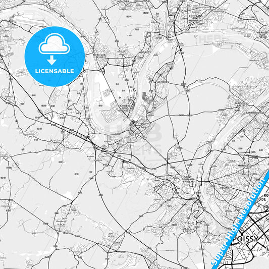 Poissy, France light map with streetnames, citynames and districts