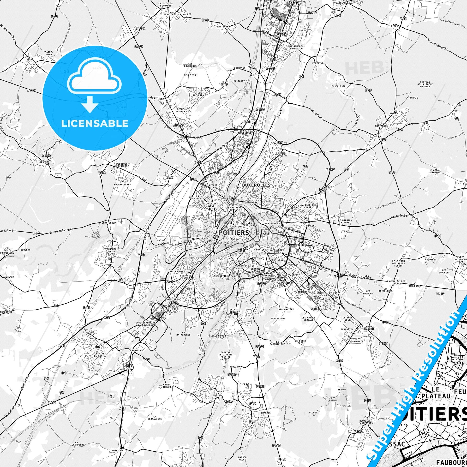 Poitiers, France light map with streetnames, citynames and districts