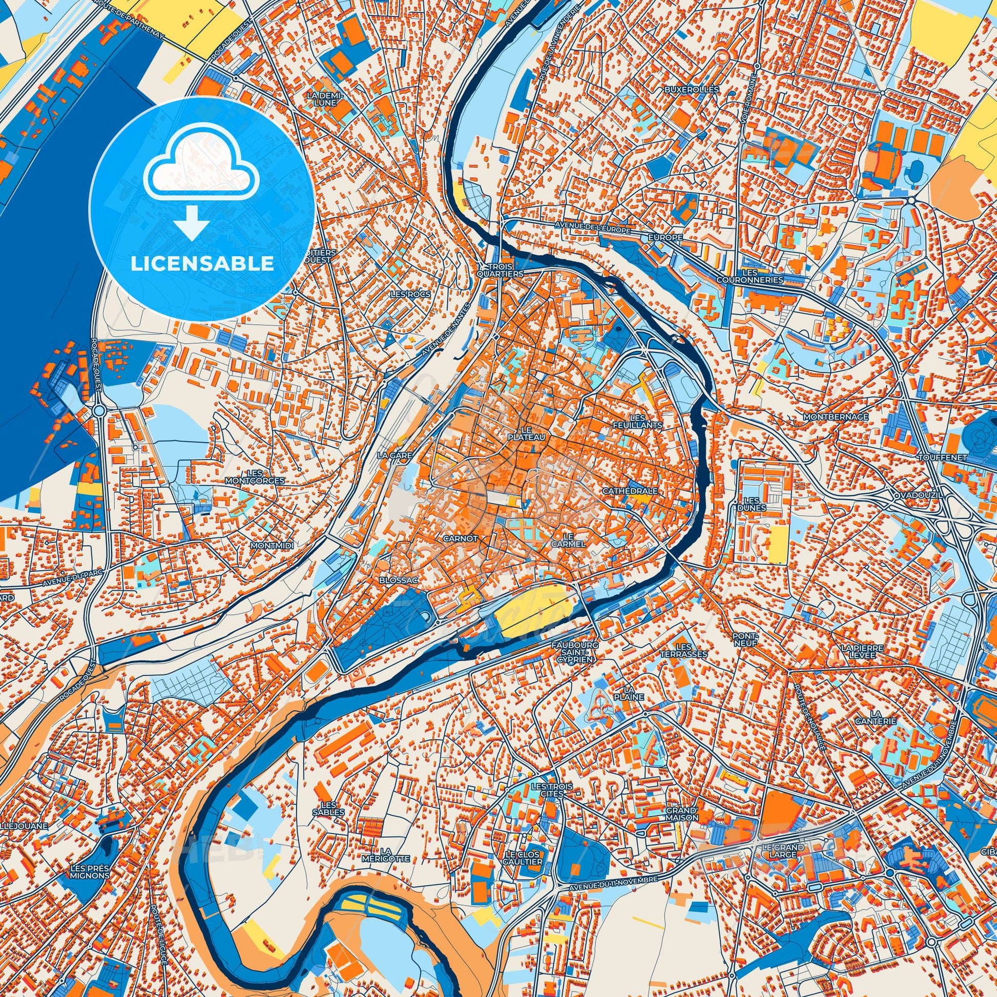 Colorful Poitiers Street Map with Labels and Buildings