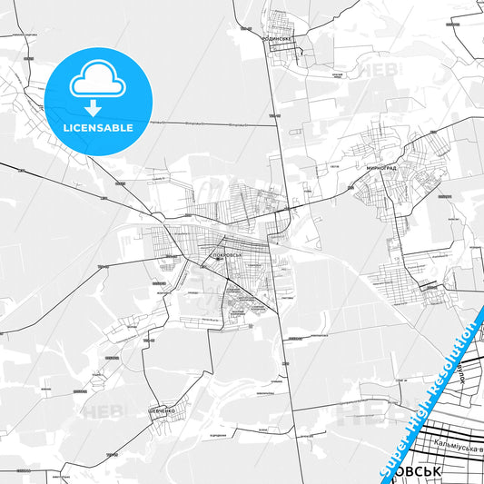 Pokrovsk, Ukraine light map with streetnames, citynames and districts