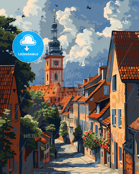 Poland, Europe - a vibrant street art painting with a focus on the art aspect, featuring a tower in the background