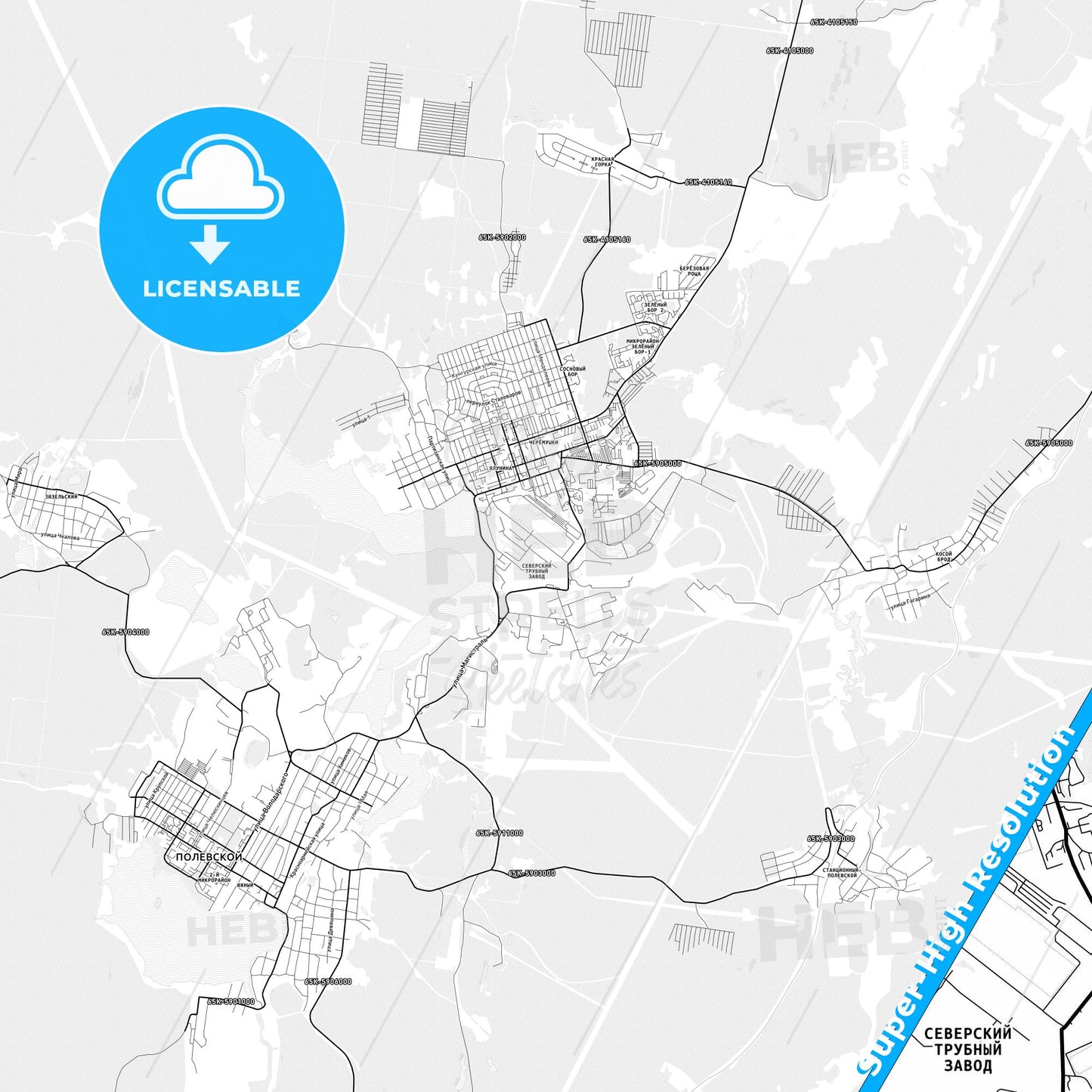 Polevskoy, Russia light map with streetnames, citynames and districts