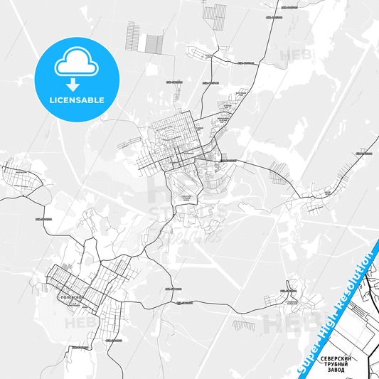 Polevskoy, Russia light map with streetnames, citynames and districts