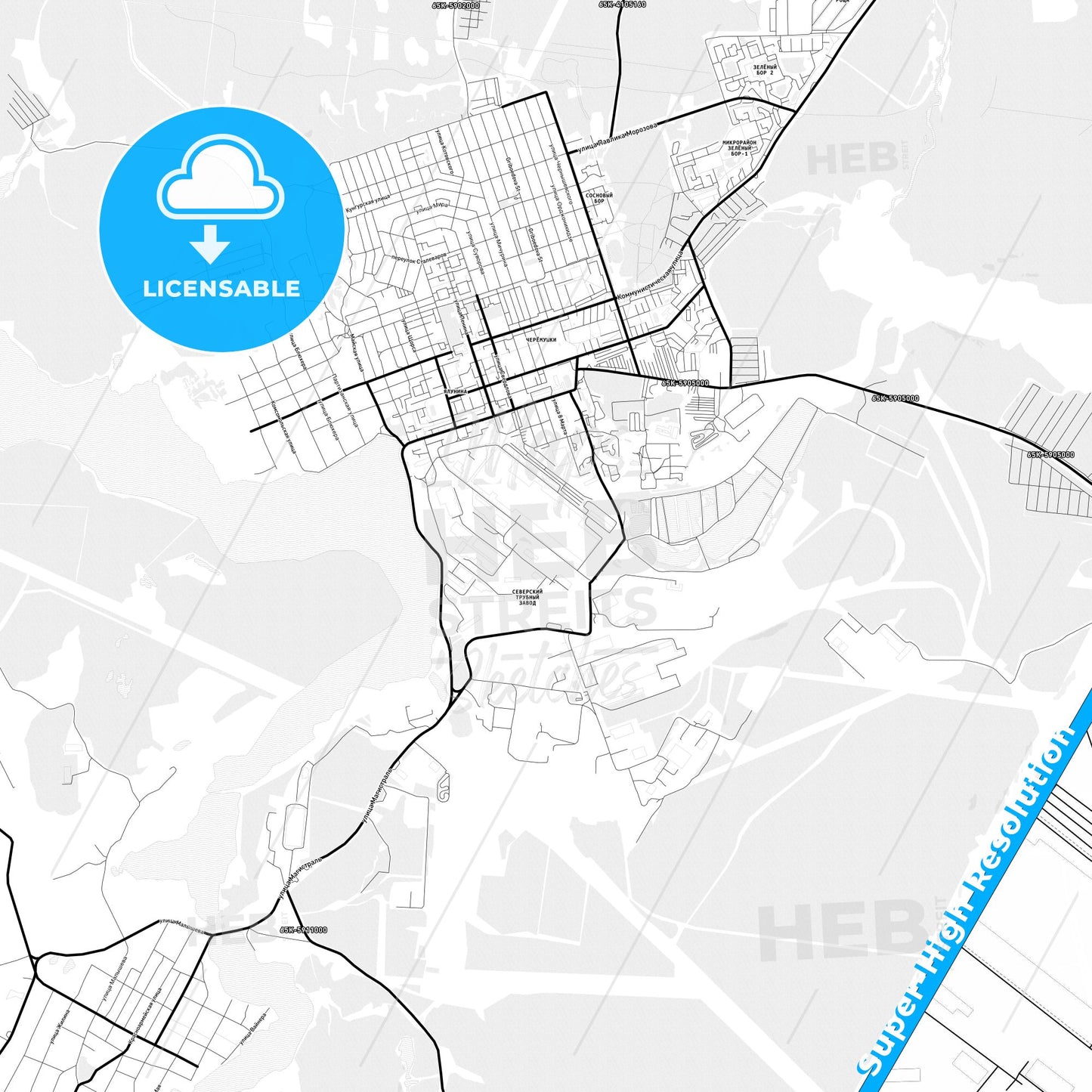 Polevskoy, Russia Light Map with Street Names, City Names, and Districts