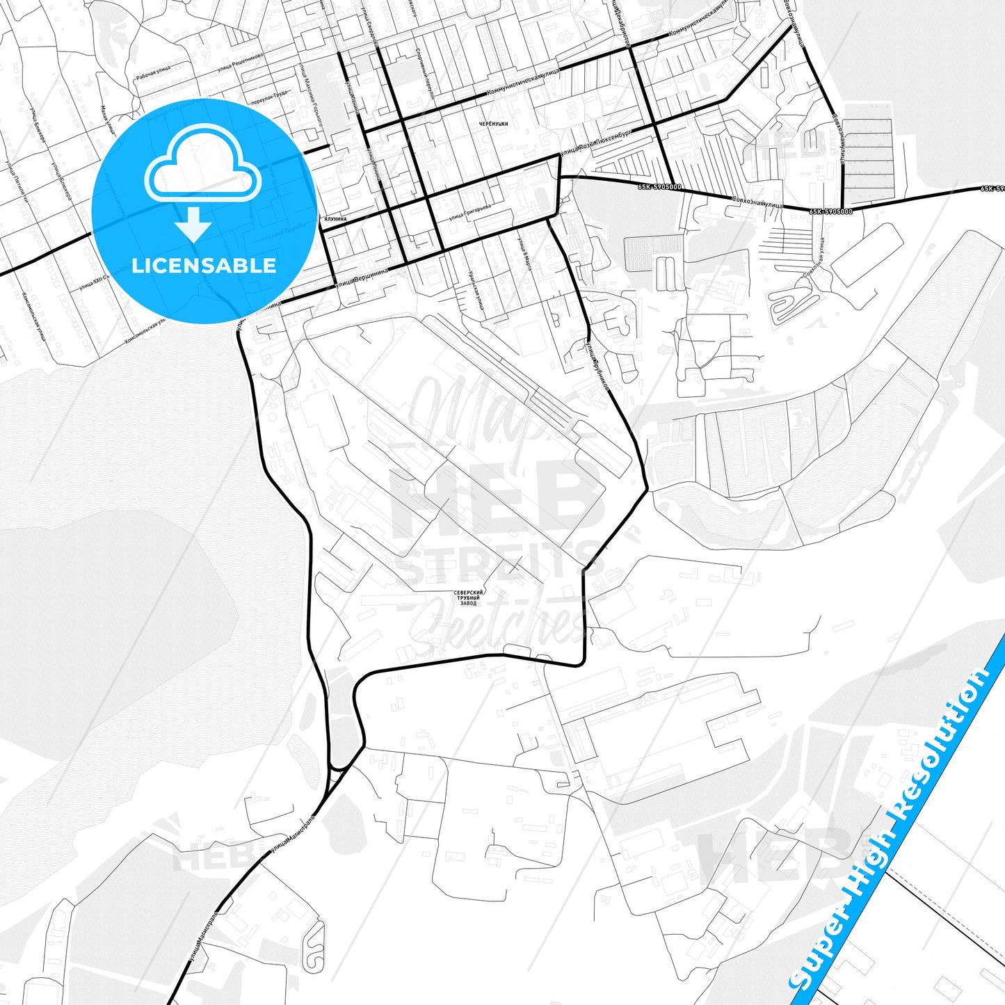 Polevskoy, Russia Light Map with Street Names, City Names, and Districts