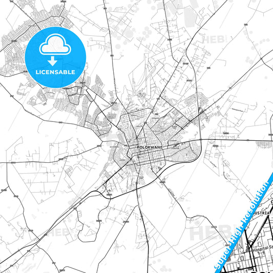 Polokwane, South Africa light map with streetnames, citynames and districts
