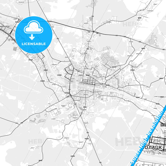 Polotsk, Belarus light map with streetnames, citynames and districts