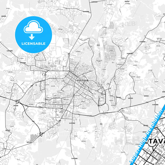 Poltava, Ukraine light map with streetnames, citynames and districts