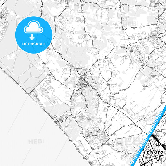 Pomezia, Italy light map with streetnames, citynames and districts