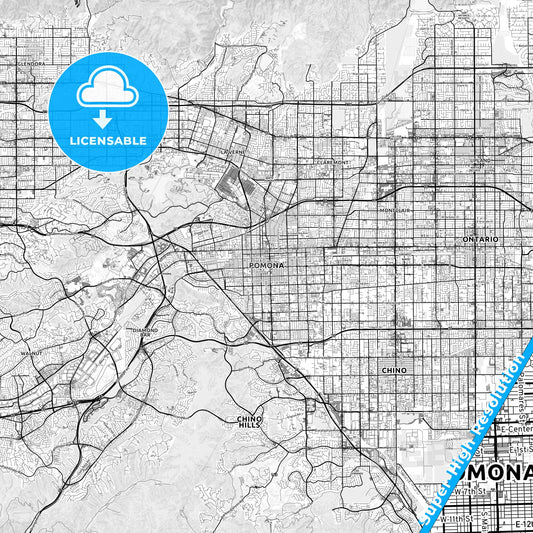 Pomona, California light map with streetnames, citynames and districts