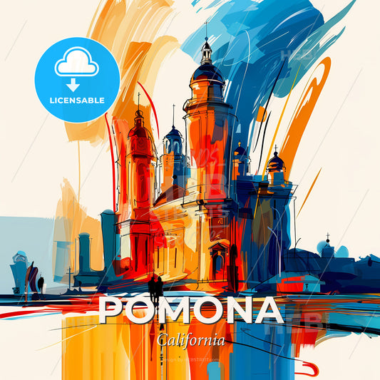 Vibrant Pomona, California - A Painting Of A Building With Towers And A Couple Of People - Square format print template