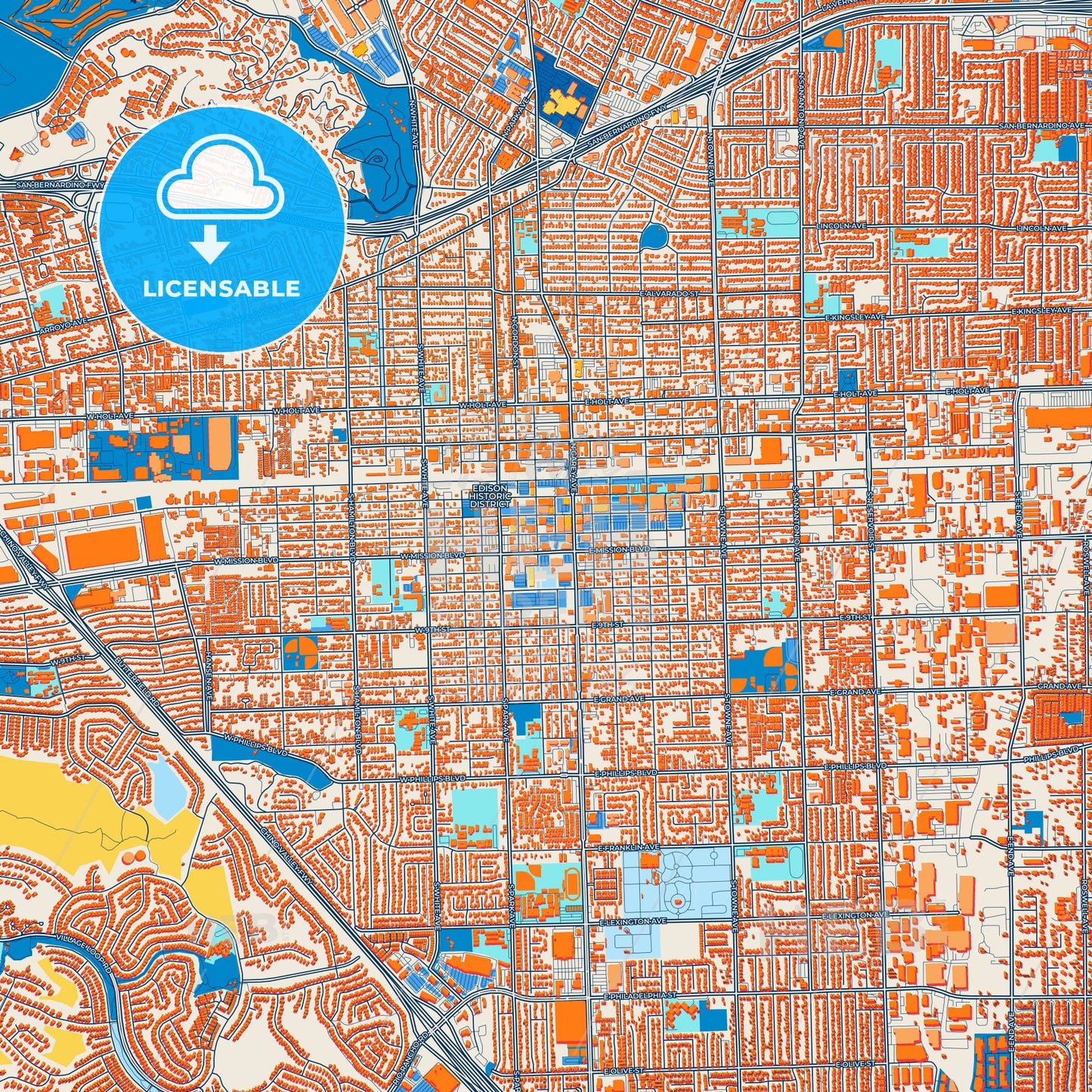 Colorful Pomona Street Map with Labels and Buildings