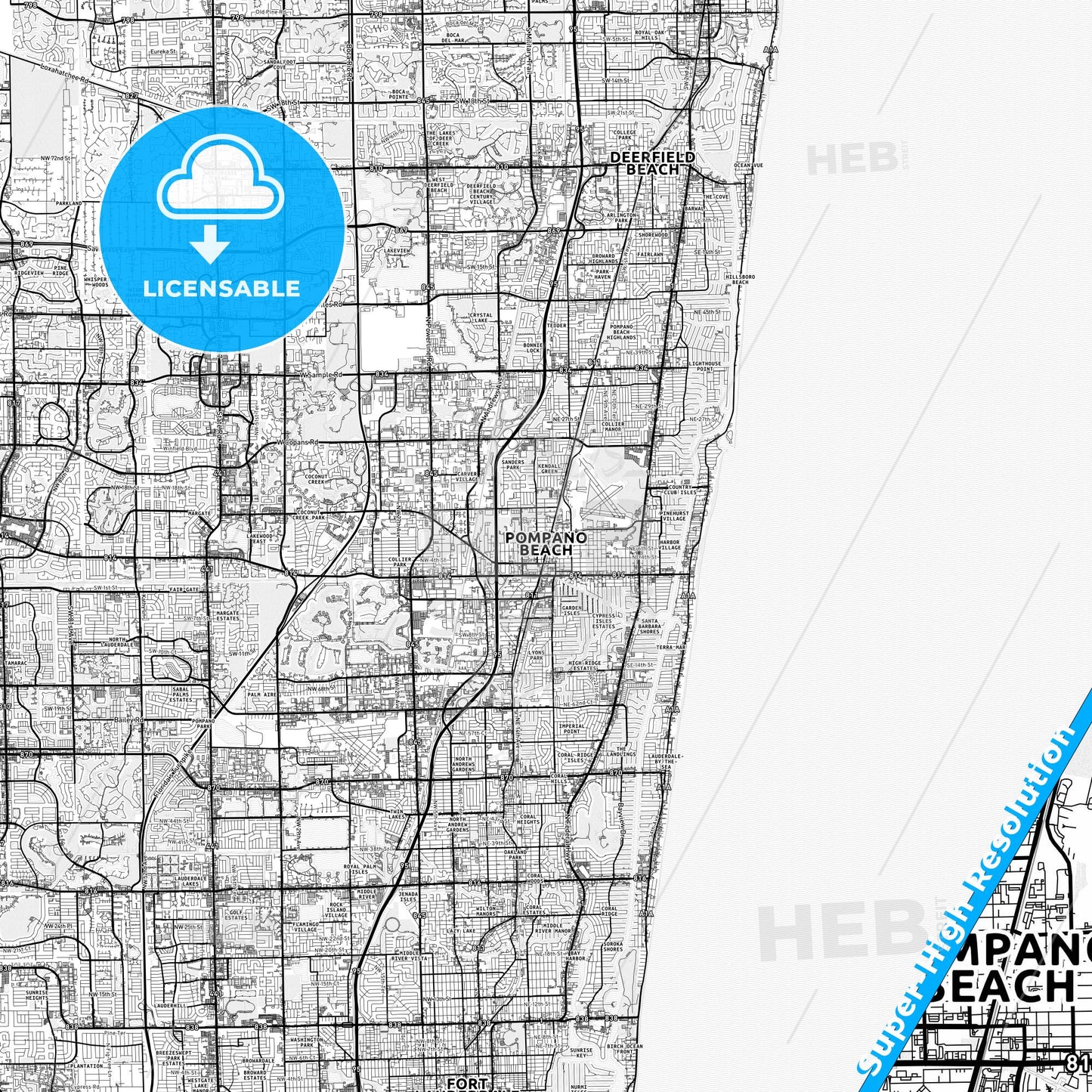 Pompano Beach, Florida light map with streetnames, citynames and districts