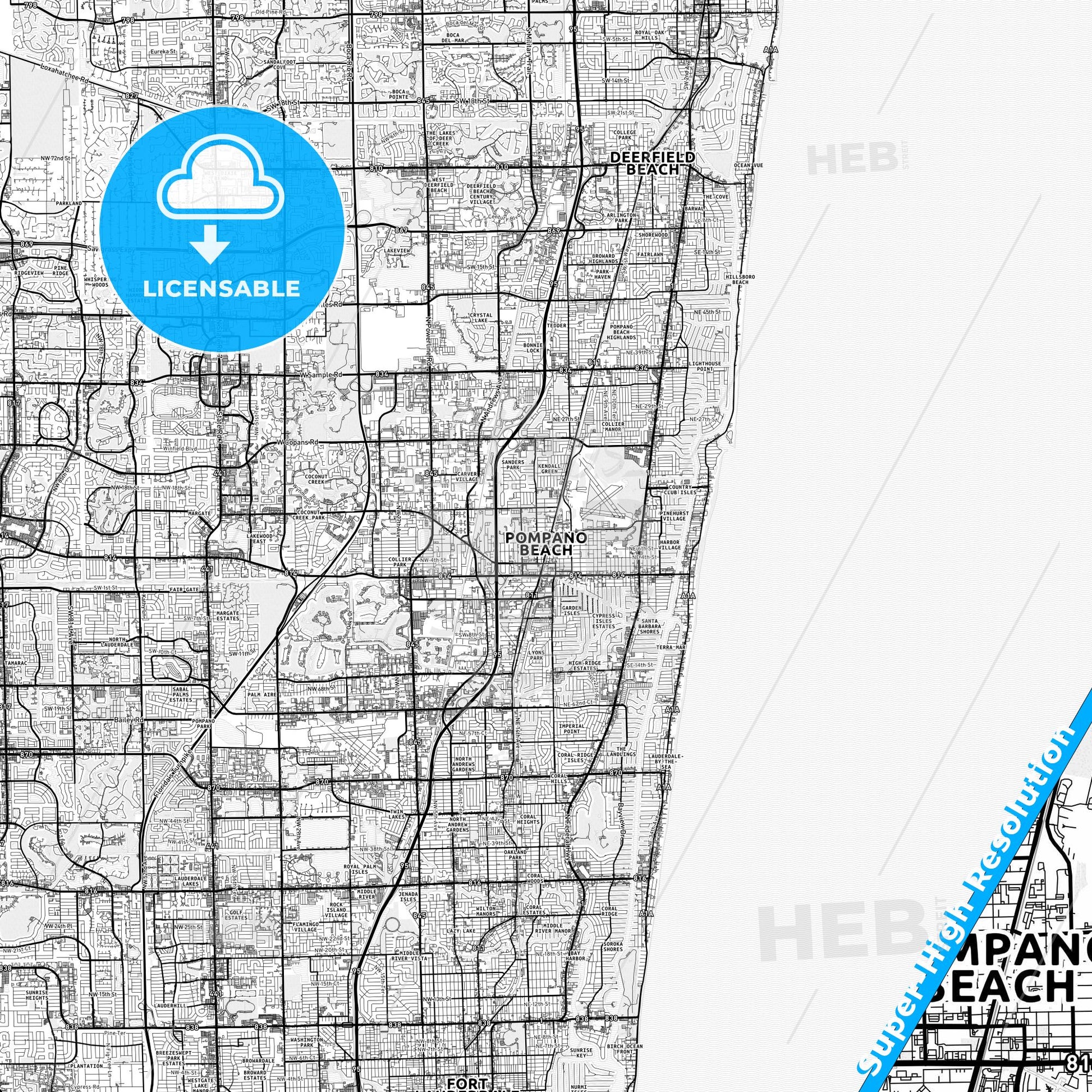 Pompano Beach, Florida light map with streetnames, citynames and districts