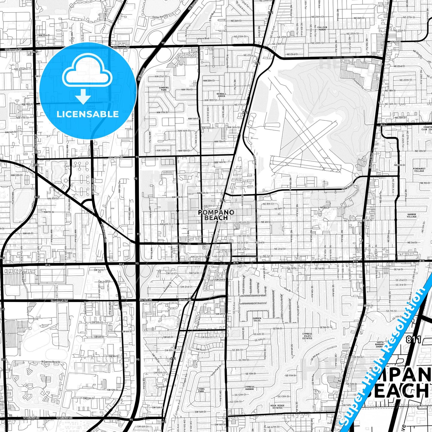 Pompano Beach, Florida Light Map with Street Names, City Names, and Districts