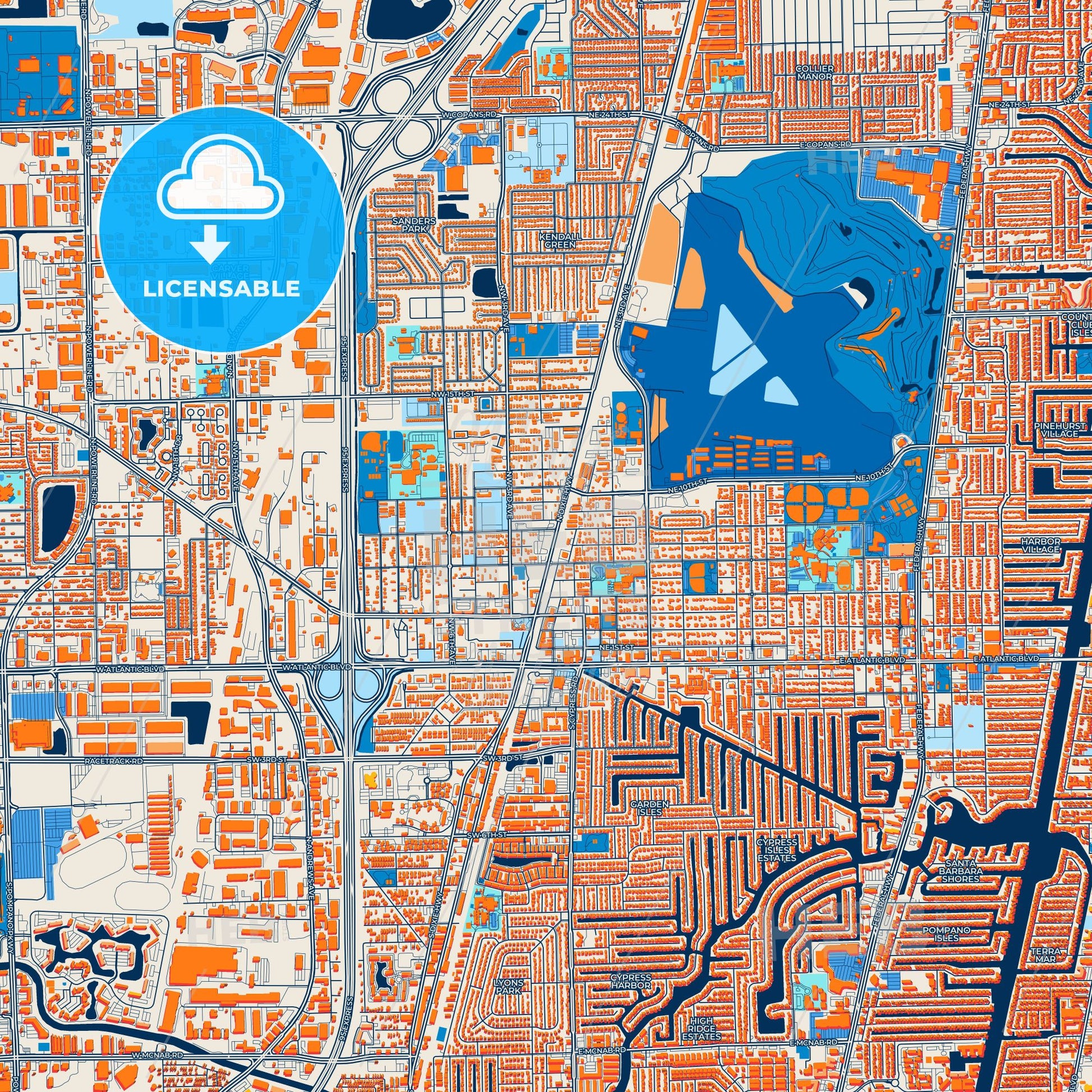 Colorful Pompano Beach Street Map with Labels and Buildings