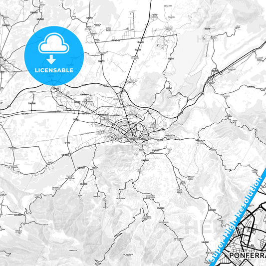Ponferrada, Spain light map with streetnames, citynames and districts