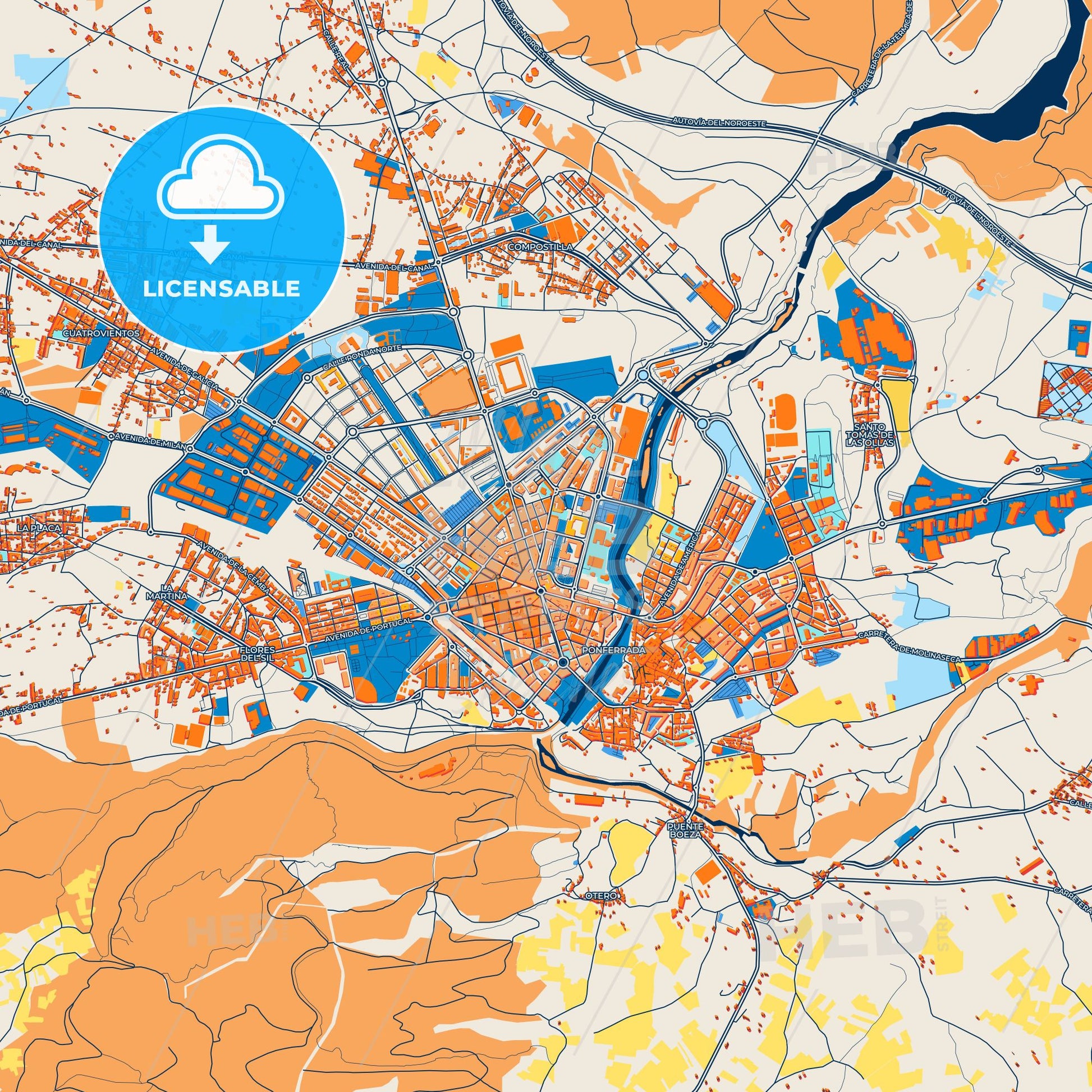 Colorful Ponferrada Street Map with Labels and Buildings