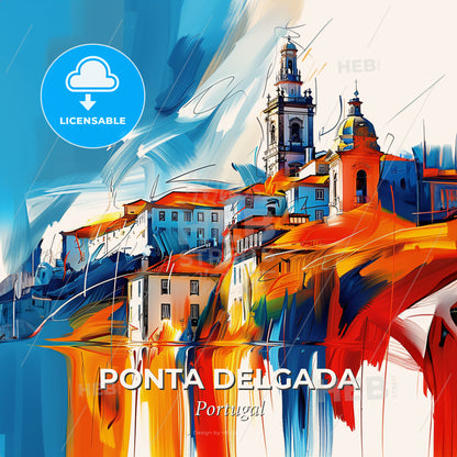 Vibrant Ponta Delgada, Portugal - A Painting Of A City - Square format print template
