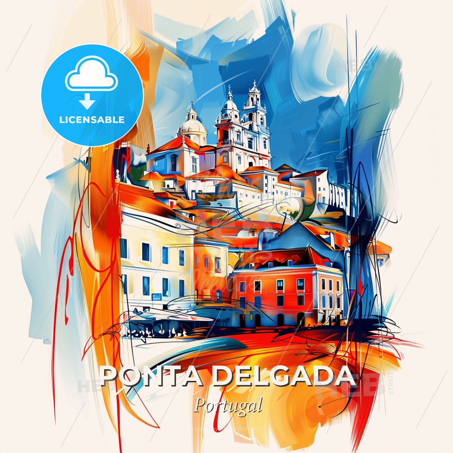 Vibrant Ponta Delgada, Portugal - A Painting Of A Building - Square format print template