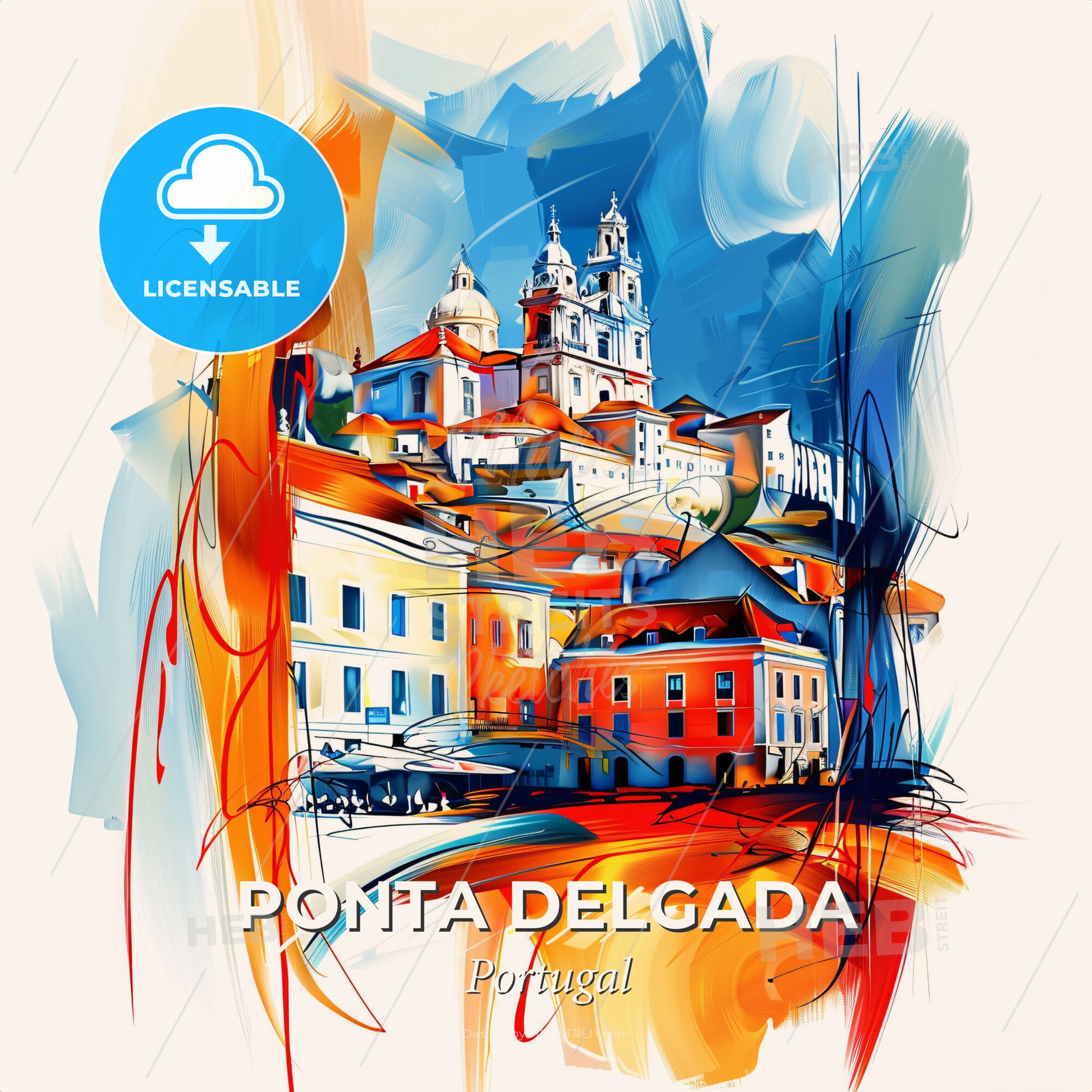 Vibrant Ponta Delgada, Portugal - A Painting Of A Building - Square format print template