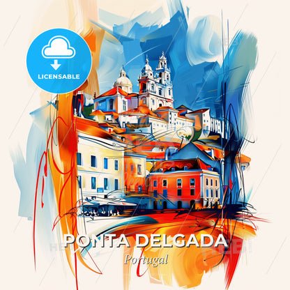 Vibrant Ponta Delgada, Portugal - A Painting Of A Building - Square format print template