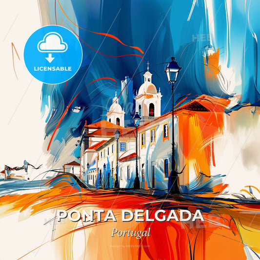 Vibrant Ponta Delgada, Portugal - A Painting Of A Building - Square format print template