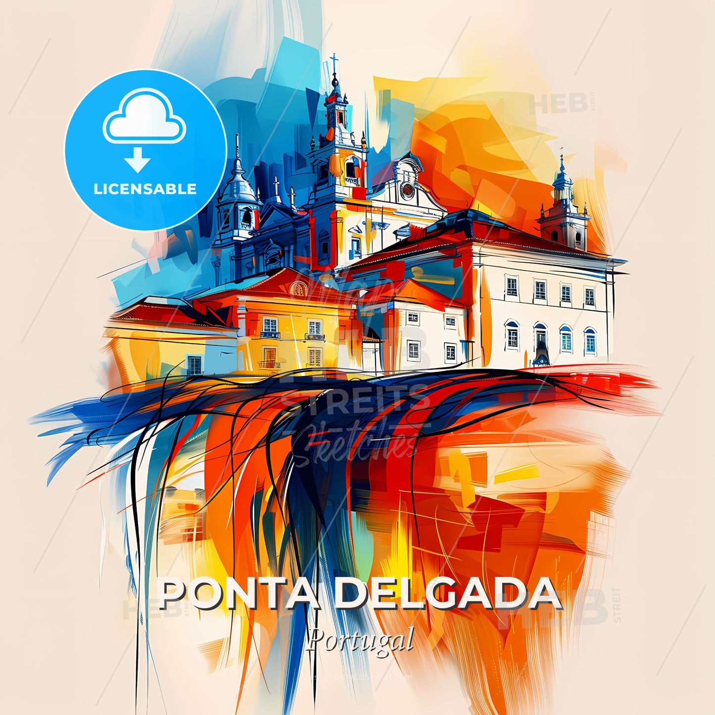 Vibrant Ponta Delgada, Portugal - A Painting Of A Skyline With A Colorful Building - Square format print template