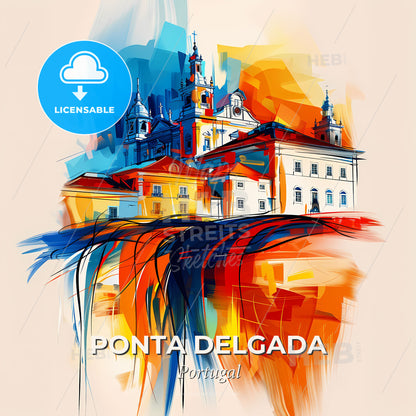 Vibrant Ponta Delgada, Portugal - A Painting Of A Skyline With A Colorful Building - Square format print template