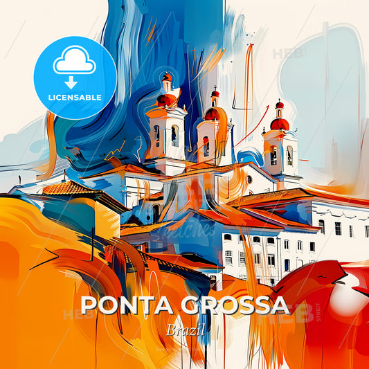 Vibrant Ponta Grossa, Brazil - A Painting Of A Building With A Red And Blue Roof - Square format print template