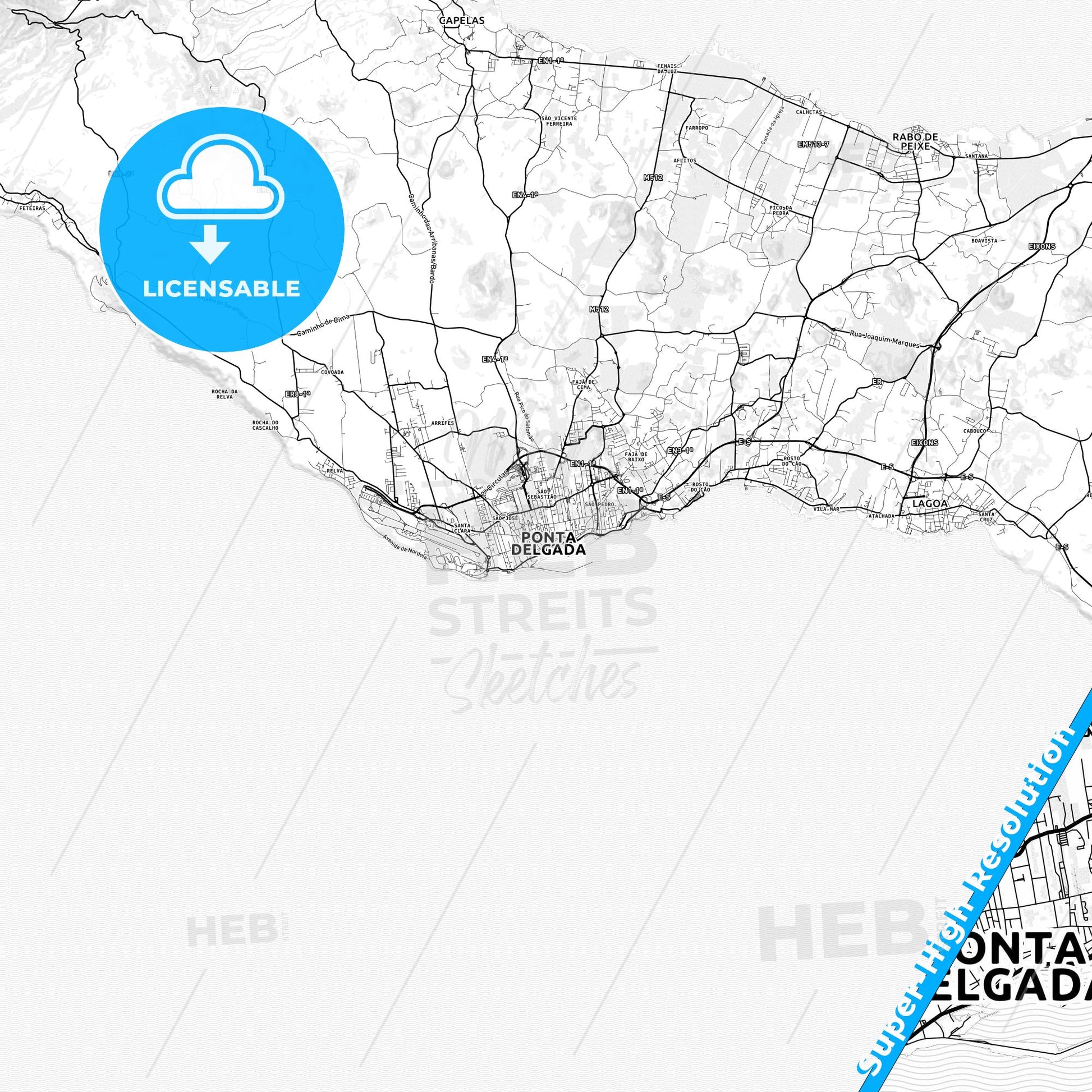 Ponta Delgada, Portugal light map with streetnames, citynames and districts