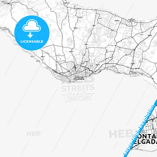 Ponta Delgada, Portugal light map with streetnames, citynames and districts