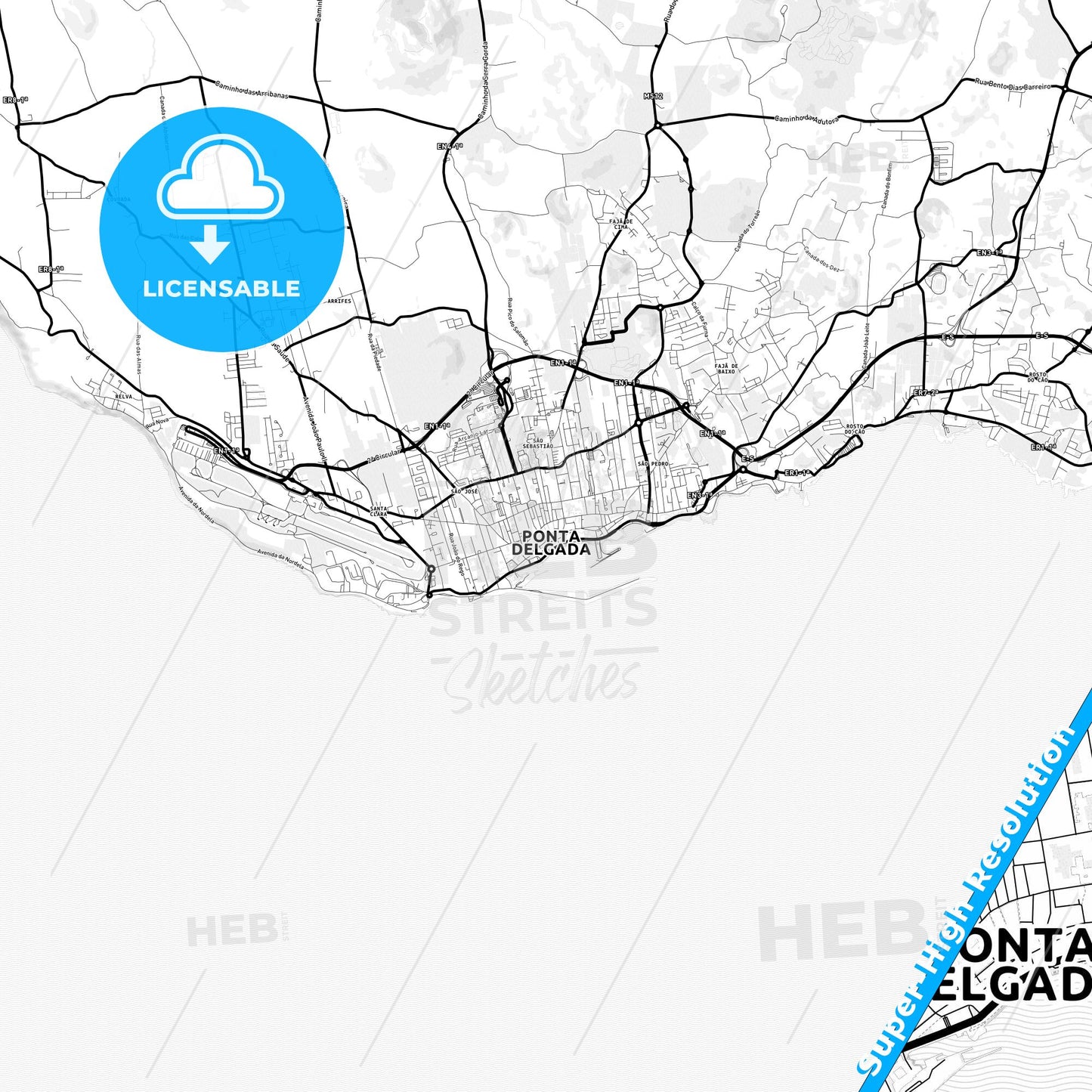 Ponta Delgada, Portugal Light Map with Street Names, City Names, and Districts