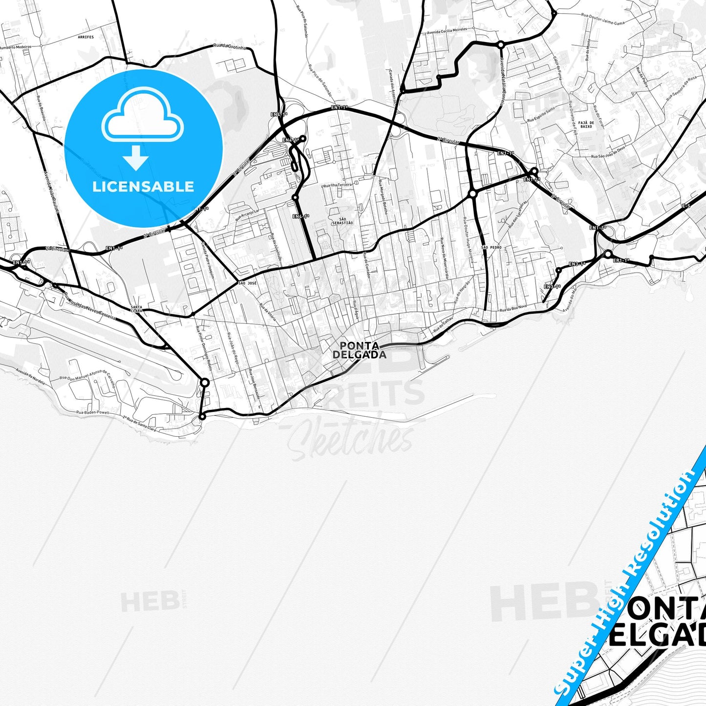 Ponta Delgada, Portugal Light Map with Street Names, City Names, and Districts