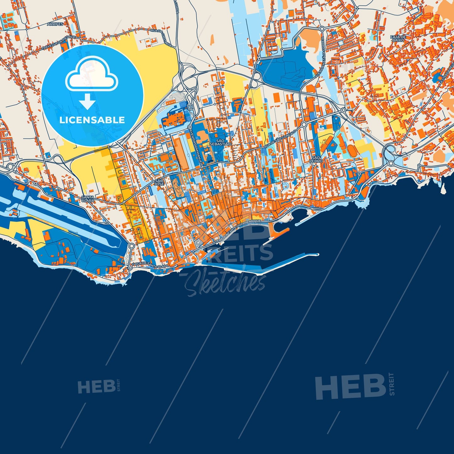 Colorful Ponta Delgada Street Map with Labels and Buildings