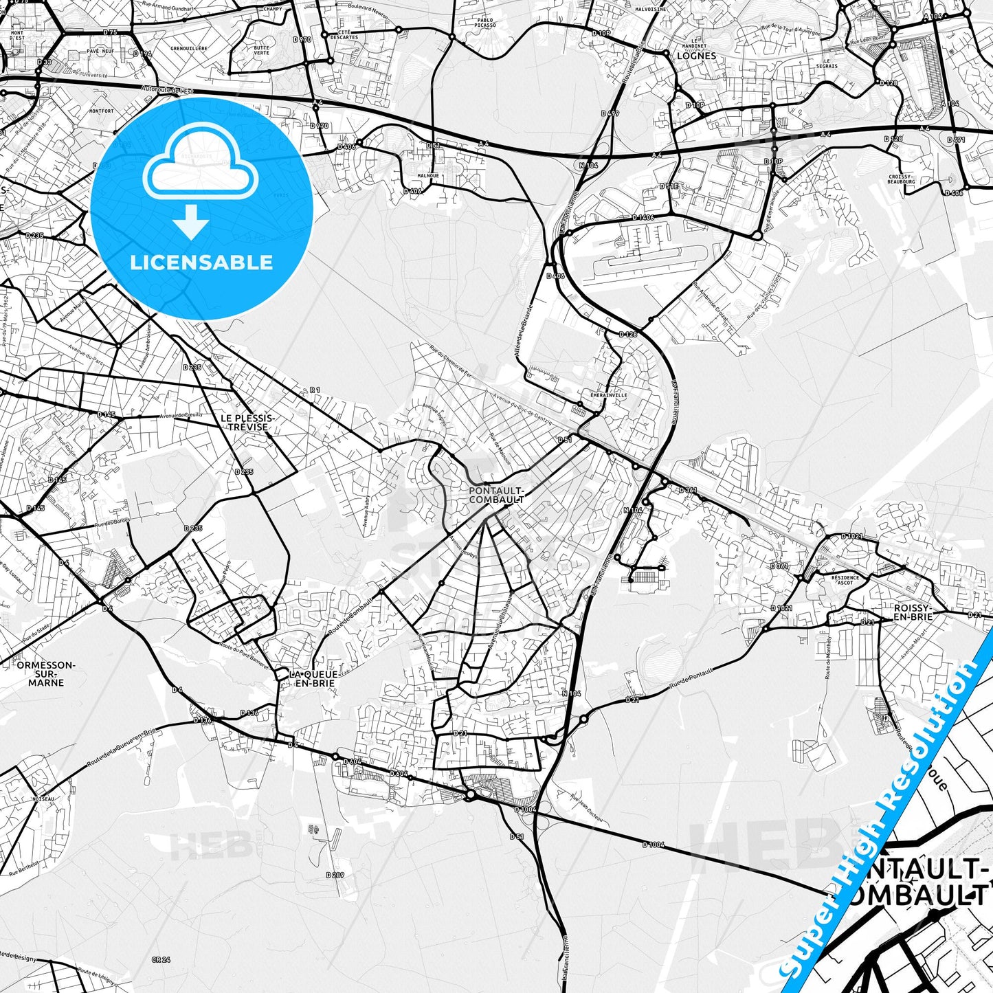 Pontault-Combault, France Light Map with Street Names, City Names, and Districts