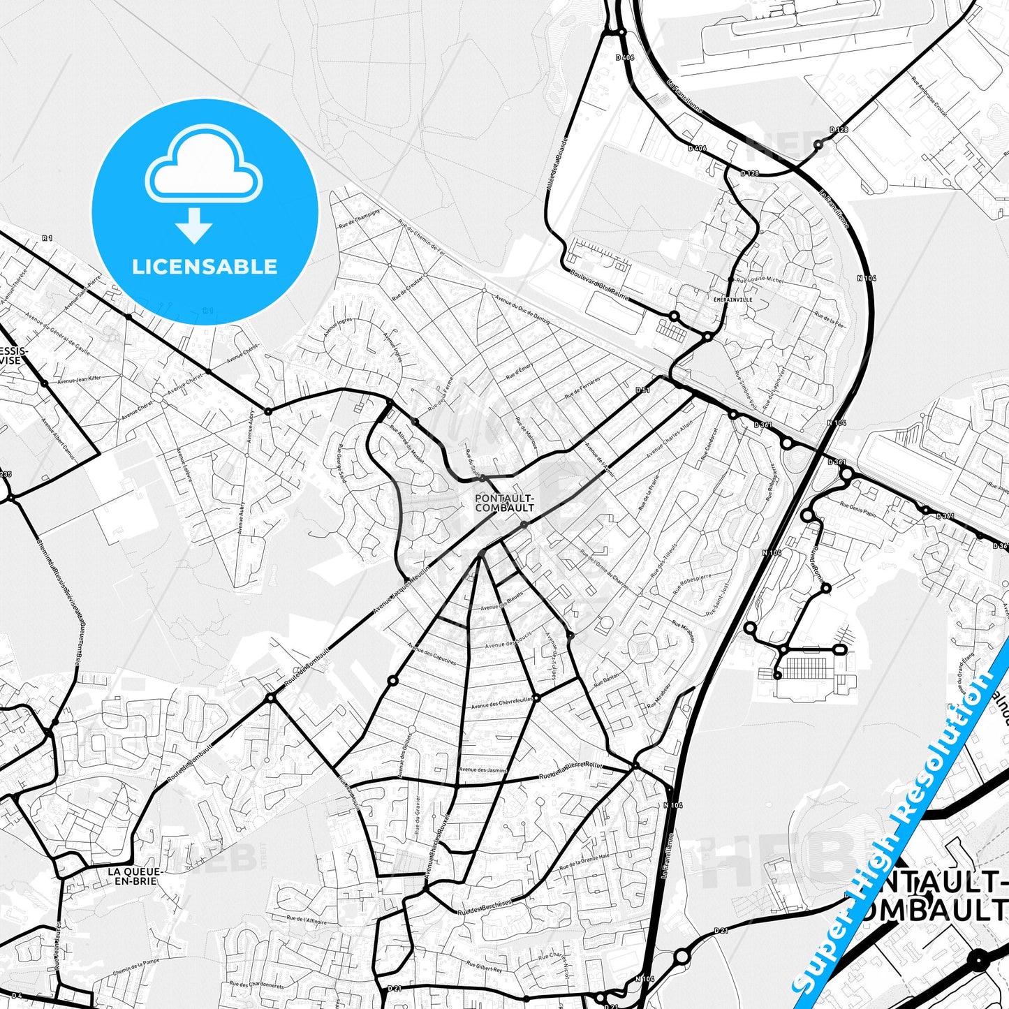 Pontault-Combault, France Light Map with Street Names, City Names, and Districts