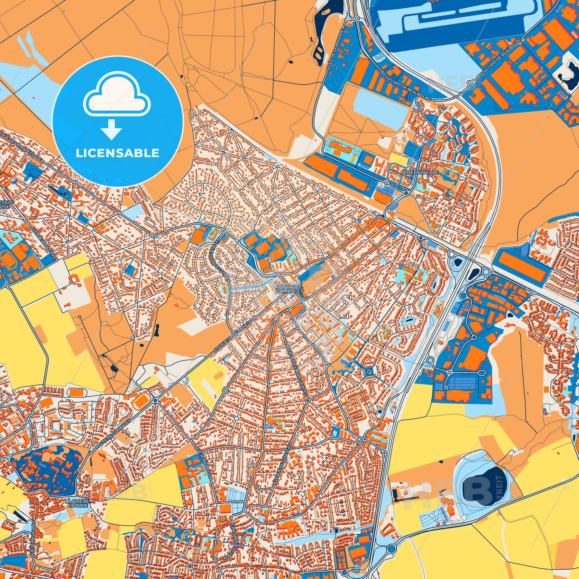 Colorful Pontault-Combault Street Map with Labels and Buildings