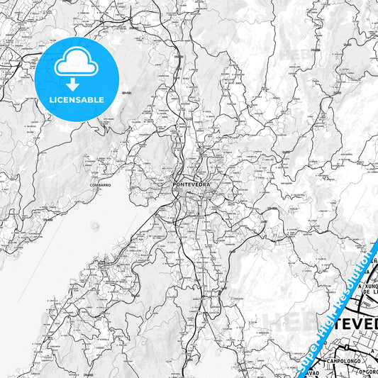 Pontevedra, Spain light map with streetnames, citynames and districts