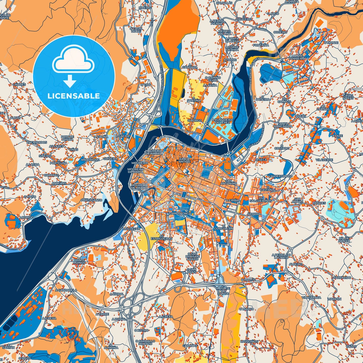 Colorful Pontevedra Street Map with Labels and Buildings