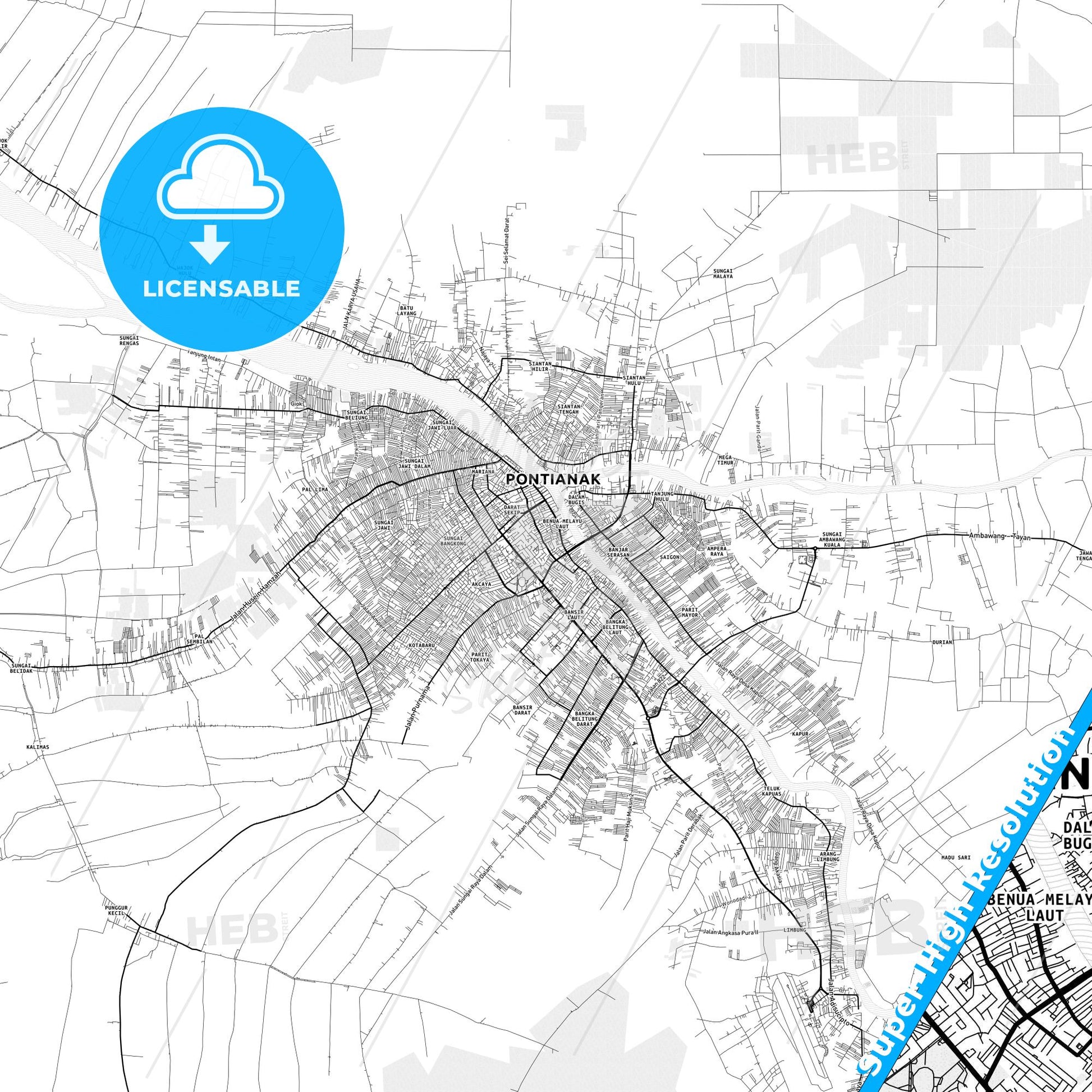 Pontianak, Indonesia light map with streetnames, citynames and districts