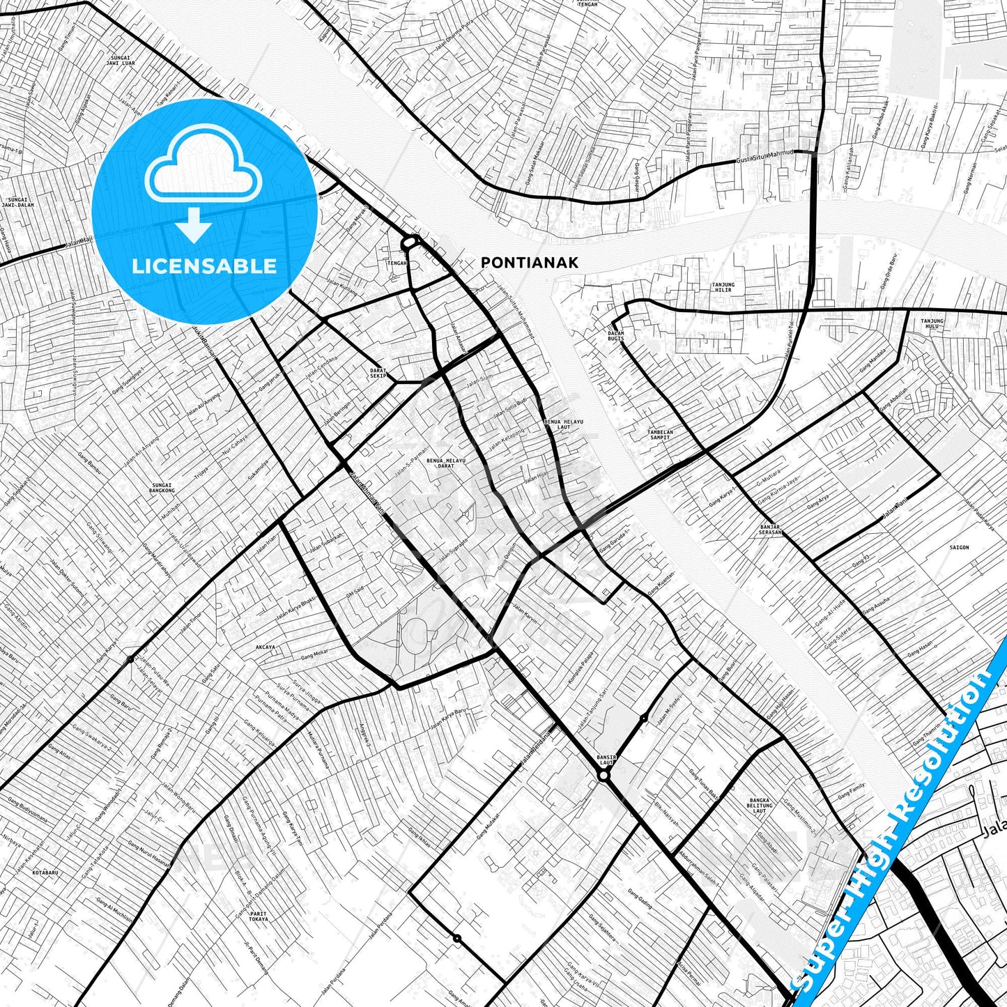 Pontianak, Indonesia Light Map with Street Names, City Names, and Districts