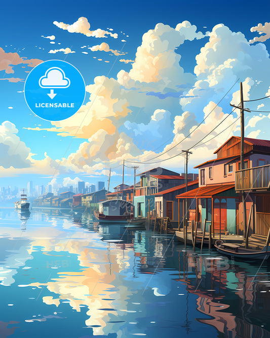 Vibrant Pontianak Skyline Painting Showcasing Waterway, Houses, and Boats