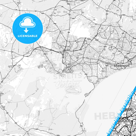 Poole, England light map with streetnames, citynames and districts