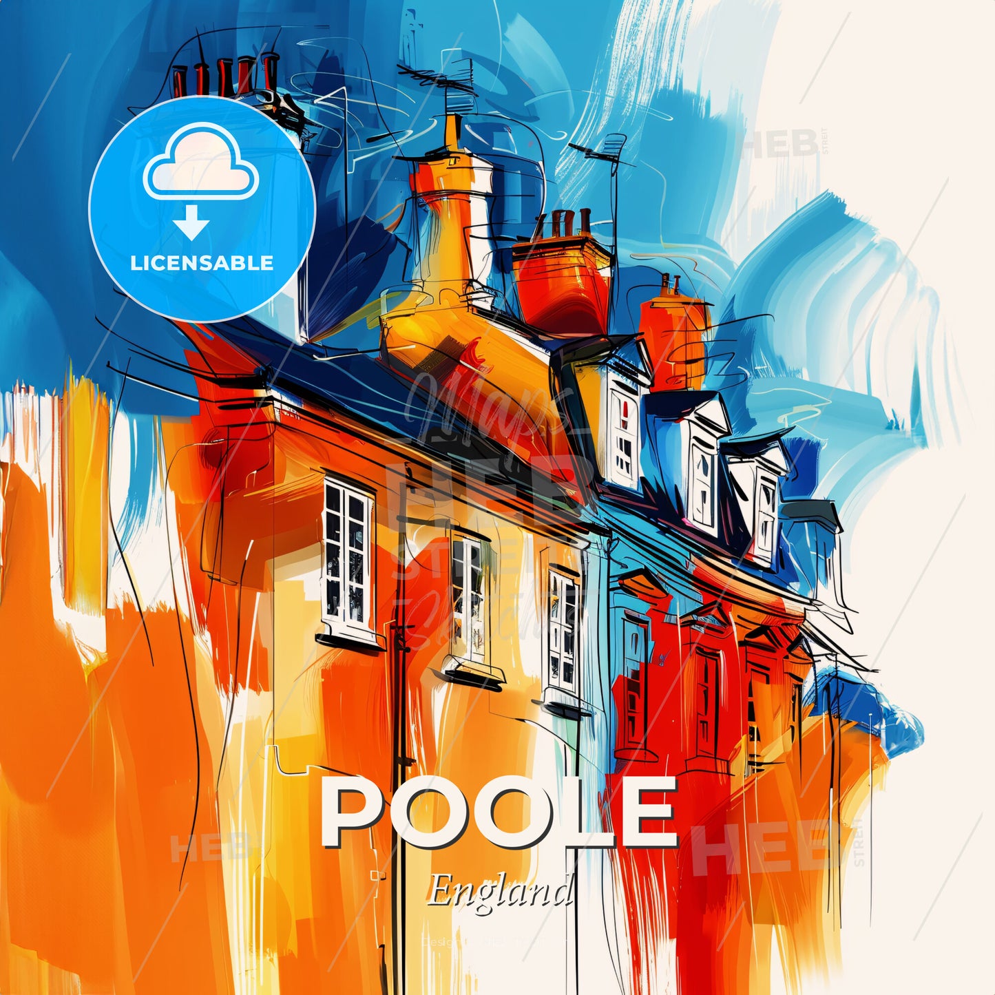 Vibrant Poole, England - A Painting Of A Building With Chimneys - Square format print template