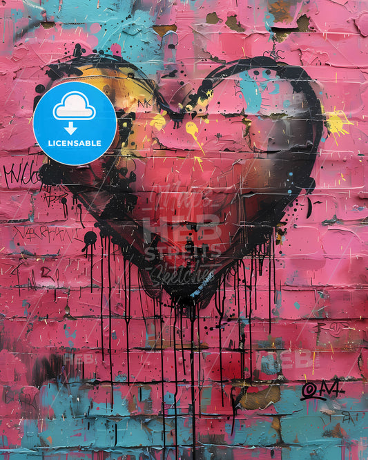 Pop Art Heart Graffiti, Street Spray Paint, Pink Brick Wall, Grunge Art, Vibrant Color, Pink, Black, Red, Aqua, Yellow, Blue, White